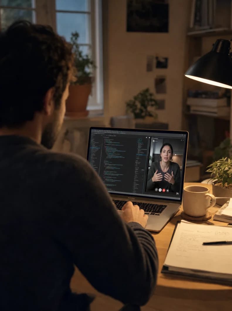 An engineer at a laptop in an ordinary room, an editor and a call window on screen.