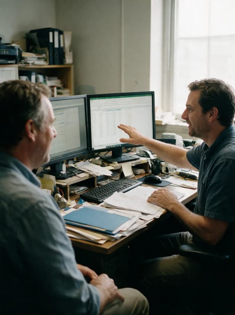 An owner-operator and an ops manager at a cluttered desk, two screens open, mid-conversation.