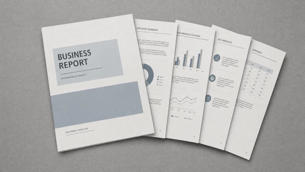 A printed assessment report, several pages fanned on a plain surface.