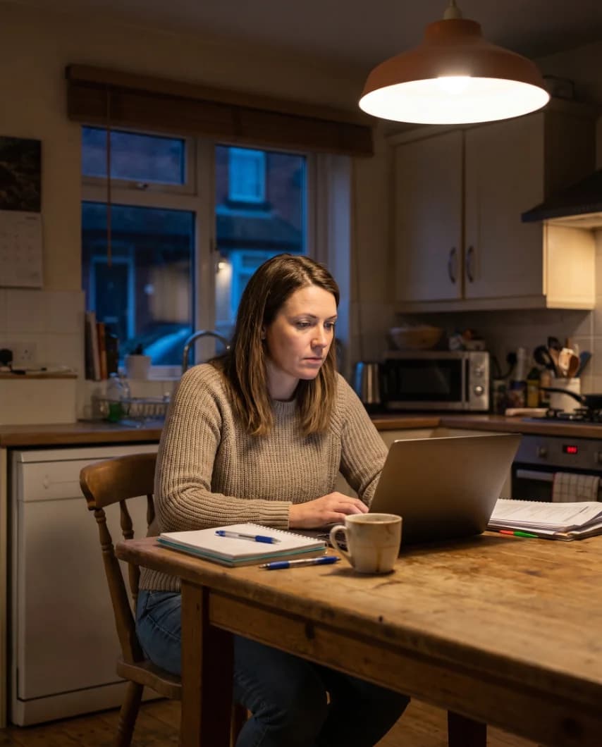 Someone mid-career learning at a laptop after hours at a kitchen table.